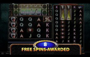 Screenshot of the screen showing free spins during the KISS Shout it Out Loud online slot
